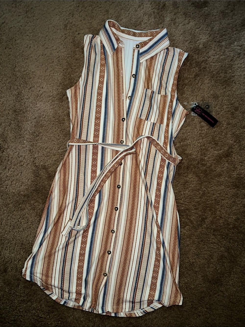 Sleeveless Striped Shirt Dress in Brown and Blue